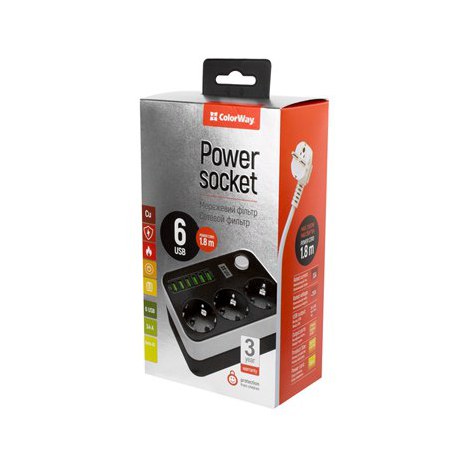ColorWay | 10 A | CW-CHE36B | Power Socket :3 EU plugs/6USB Blac | m | Black | Mbit/s | 1.8 m | V - 2